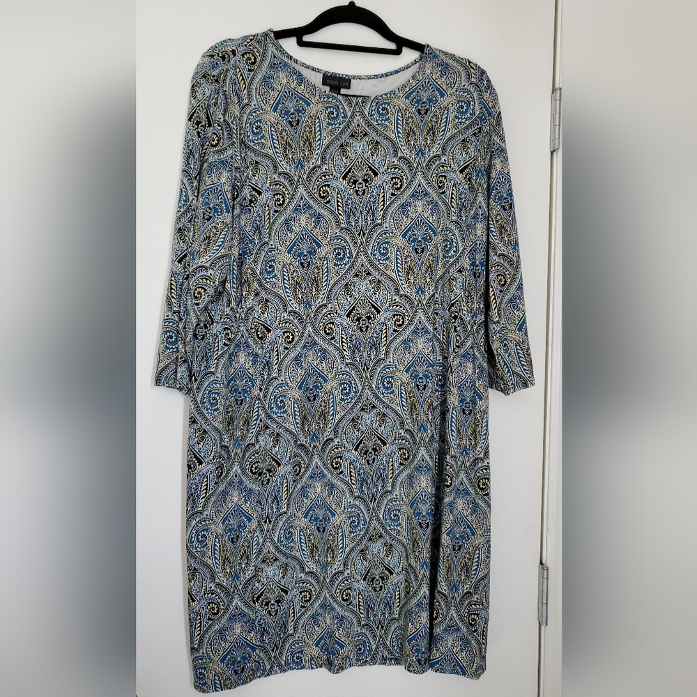 J. Jill Blue and Gold Pattern 3/4 Sleeve Dress, Stretchy Ponte, XL Petite, 16-18